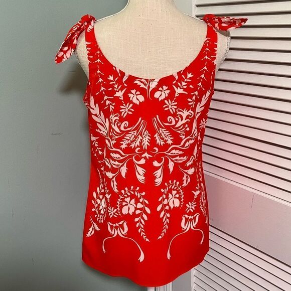 CAbi red white floral bohemian mosaic sleeveless tie shoulder silky tank top - Picture 5 of 6